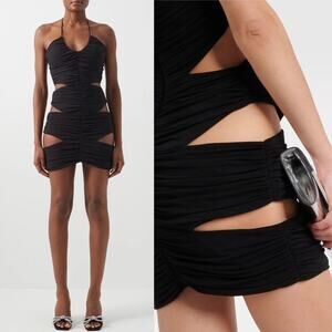 Monot Cutout Ruched Jersey Halter Neck Mini Dress Fitted Black Crepe Size US 0